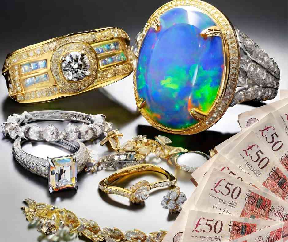 Gold rings, diamond jewellery and a large opal arranged beside sterling notes